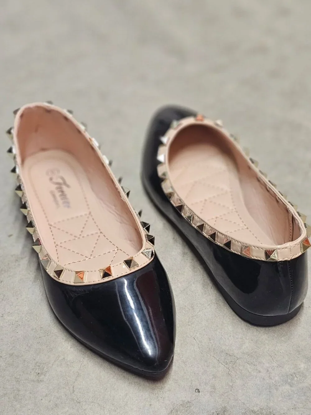 Black Patent Pointed Toe Flats With Gold Studded Trim